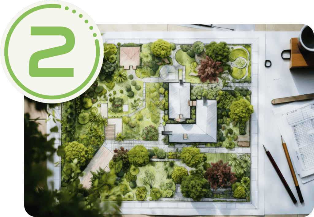 Hovenier plantontwerp met tuin, bomen en bloemen voor een groene buitenruimte.