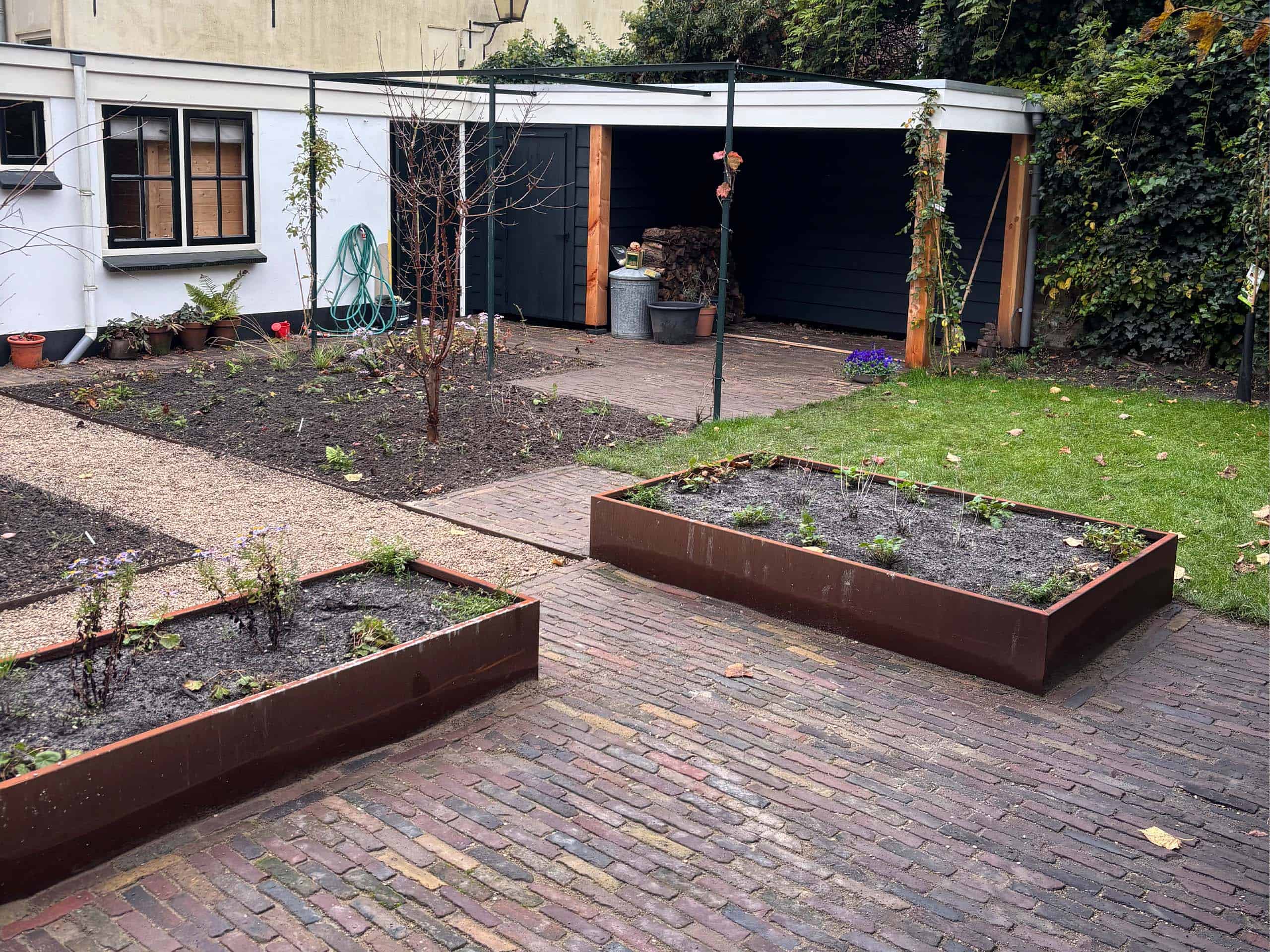 Krachtige tuinborders met rozen en jonge planten in een gevederde tuin.